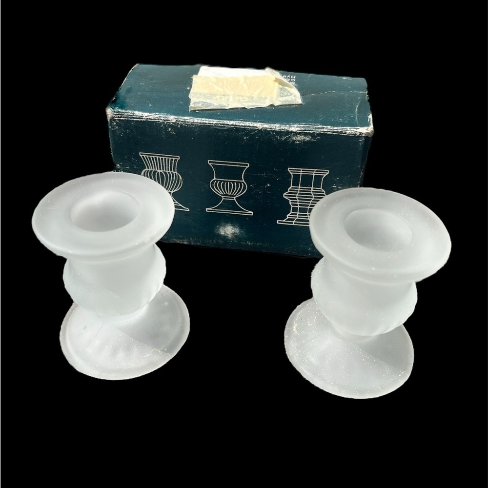 VTG W/ Box Set Of 2 COLONIAL CANDLE Frosted Glass Taper Candle Holders 2.5” Tall